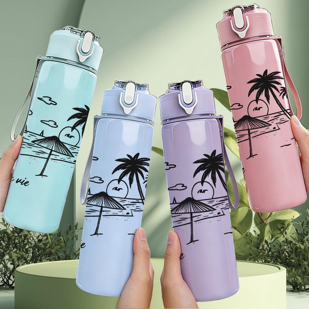 1PC Palm Tree Beach Sketch Art 750ml Color Plastic Sports Water Bottle Leakproof Flip Straw Lid Suitable for Sports Office Home Use