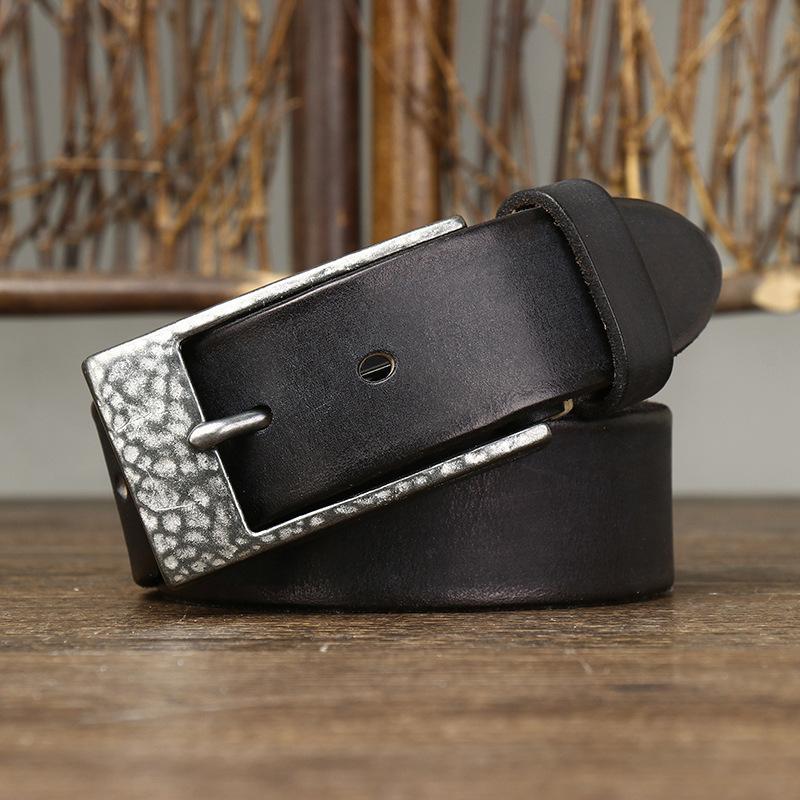 Belt Men's Thickened Hammered Stainless Steel Buckle Genuine Cattlehide Leather Surface Trendy All-Matching Jeans Belt