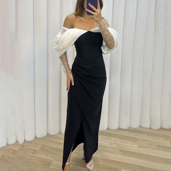 Vestido de noche para mujer, hombros descubiertos, corte bajo, cintura ajustada, dobladillo dividido, manga de malla, color a juego, longitud del tobillo, fiesta de graduación, cóctel, vestido largo de boda