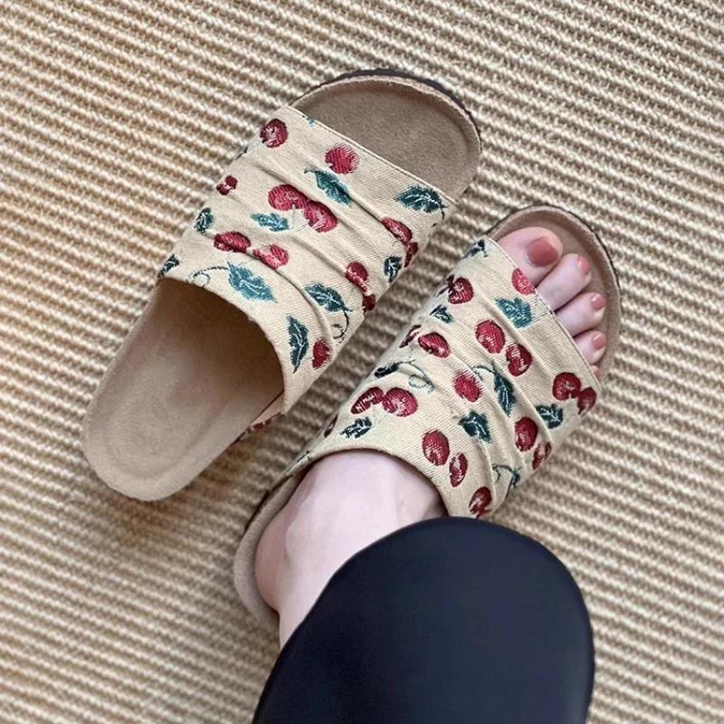 Summer Sweet Women's Embroidered Slippers New Mules Women Causal Open-toe Slip-on Shoes Versatile Ladies Flat Slippers Fashion