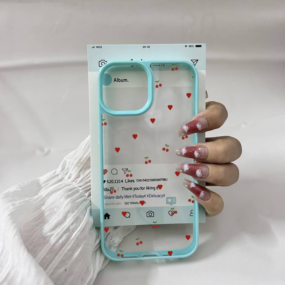 INS Korea Cute Cherry Love Heart Phone Case For iPhone 14 15 16 17 11 12 Mini 13 Pro Max XS XR 7 8Plus Transparent Hard Cover