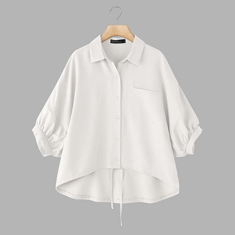 ZANZEA Women Summer Turn Down Collar Loose Asymmetrical Half Sleeve Blouse