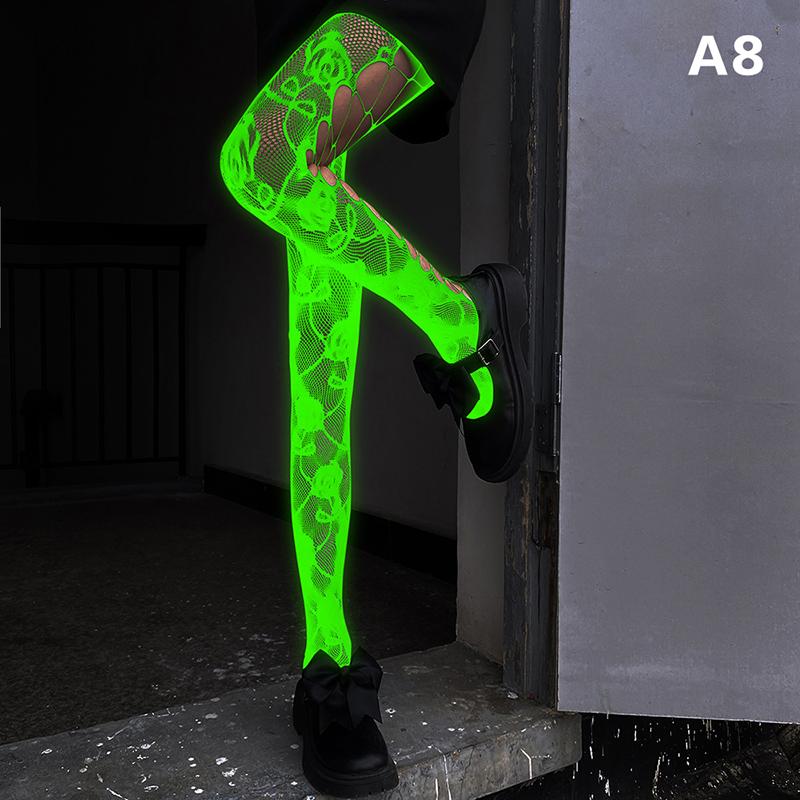 Glow In The Dark Fishnet Stockings Mesh Hollow Luminous Base Socks Shiny Pantyhose Tights Women Sexy Print Noctilucent Stocking