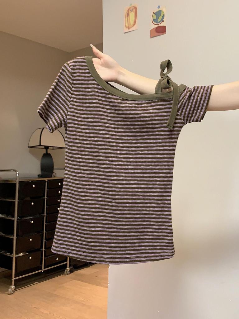 Summer Sweet & Spicy Striped Off-Shoulder Slim Fit T-Shirt for Women