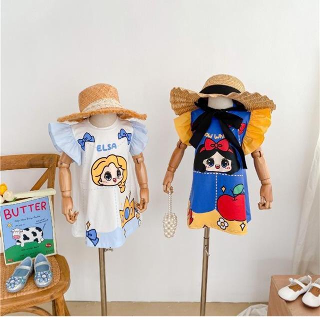 Girls Summer Princess Print Dress Baby Cute Flutter Sleeve T Shirt Dress