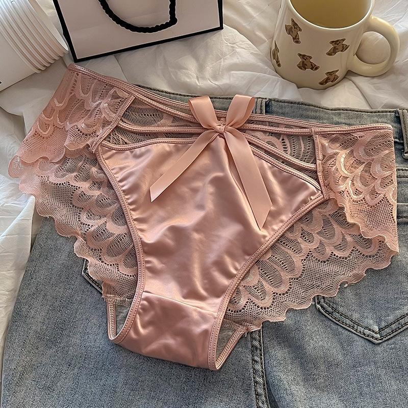 Sexy Lace Underwear Ladies' Bow Cross Briefs Mid Waist Breathable Girl Panties