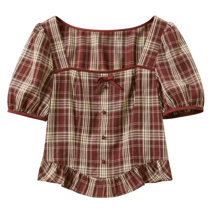 Sancai 2026 Summer French Square Neck Plaid Blouse 160/84A/M