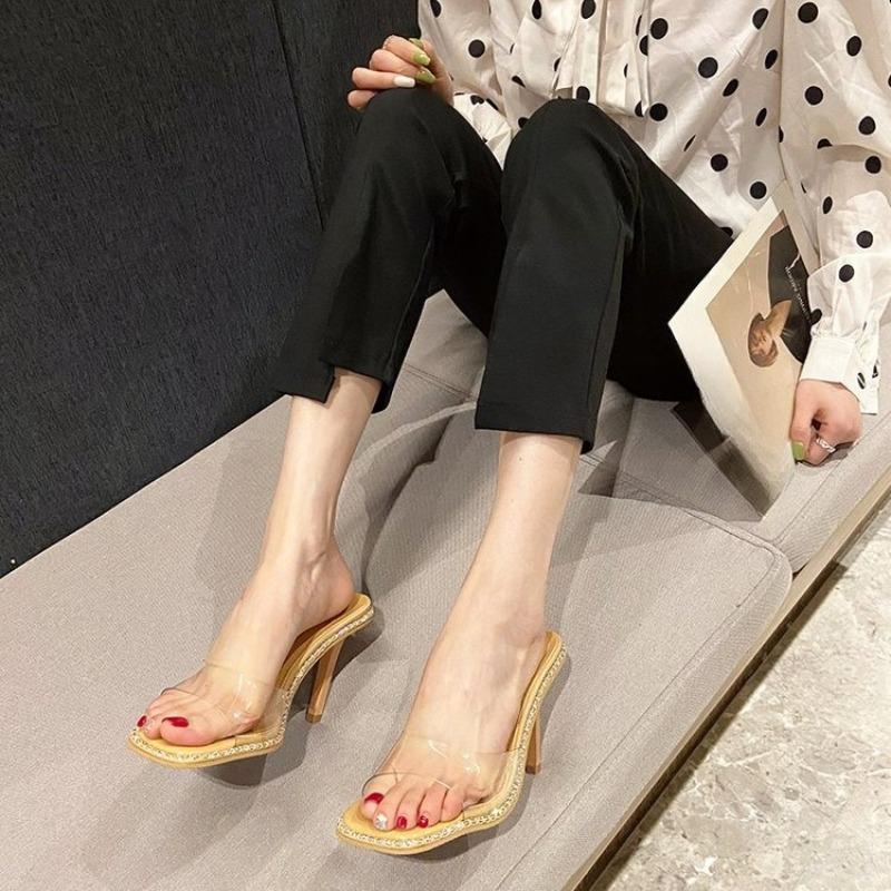 Mode Transparente Riemen Stiletto Pantoletten Sommer Neu Eckige Zehenpartie Offene Zehenpartie Rutschfest Verschleißfest Hohe Absätze