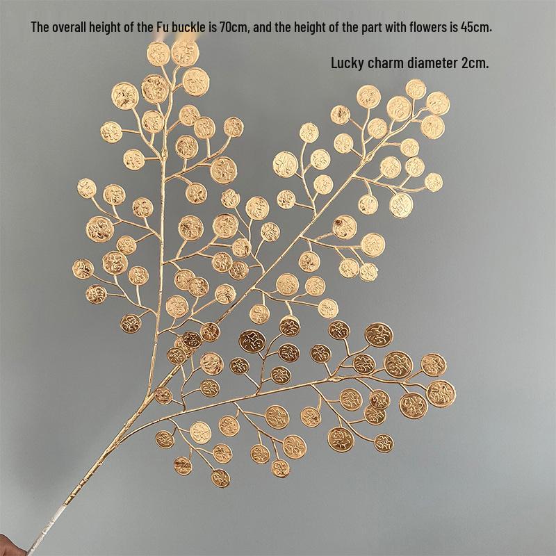 Golden Floral Bouquet: Ginkgo Leaves, Eucalyptus, Red Holly Berries - New Year Lucky Decoration Ornaments