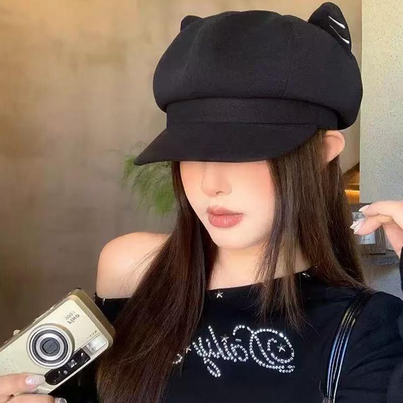 Japanese Style Cute Woolen Cat Ear Beret For Women Autumn And Winter Duckbill Octagonal Hat