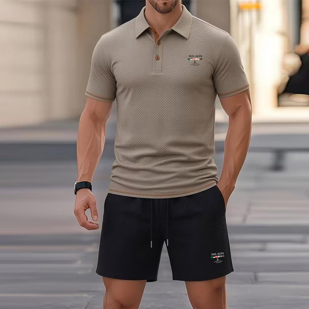 Commuter Polo Shorts Set,3Button Knit Polo Shirt with Contrast-Color Cuffs, Soft and Lightweight Men’s Formal Suit