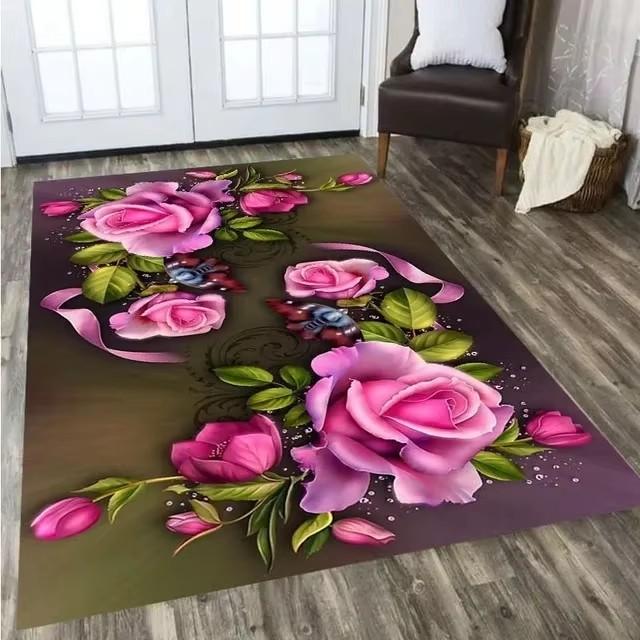 Romantic Rose Pattern Valentine's Day Rug Themed Throw Carpet Chic Flower Print Floating Window Cushion Anti-fatigue for Home