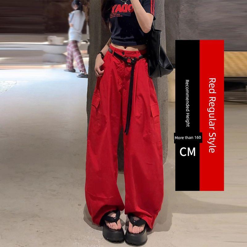 

Cool and Stylish Red Ice Silk Quick-Dry Work Pants for Women, Summer Thin 2026 New High-Waisted Slimming Fashionable Parachute Pants Red-Ordinary Style (Height Above 160cm) XL