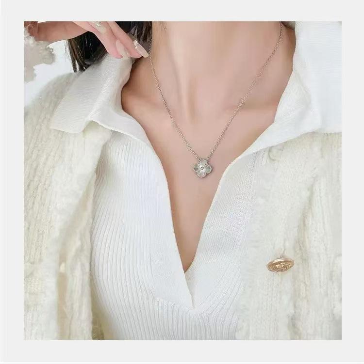 Gold-Plated Nickel Silver Four-Leaf Clover Necklace with Laser Engraved Double-Sided Pendant