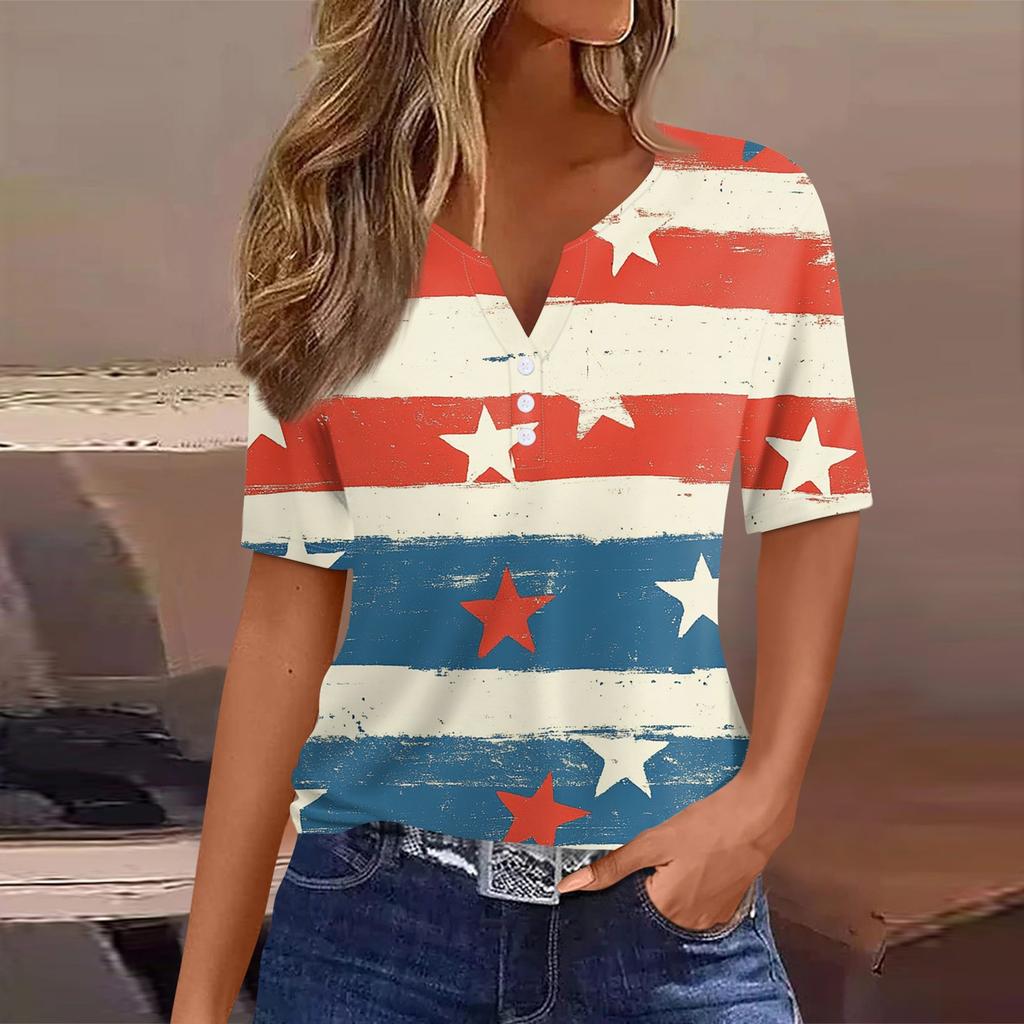 Women's T Shirt Tee Print Button Short Sleeve Daily Weekend Fashion Basic V- Neck Regular Top