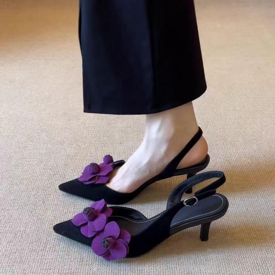 Baotou sandals Korean version pointed head shallow mouth thin heel empty sandals women's spring and summer new flower high heel Baotou women's sandals