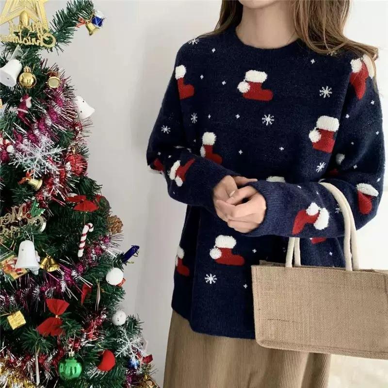 

Женский осенне-зимний рождественский вязаный свитер с круглым вырезом и свободным темпераментом в стиле пригородного свитера one size синий