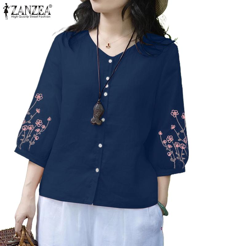 ZANZEA Women Casual Floral Print 3/4 Sleeve Loose Round Neck Blouse