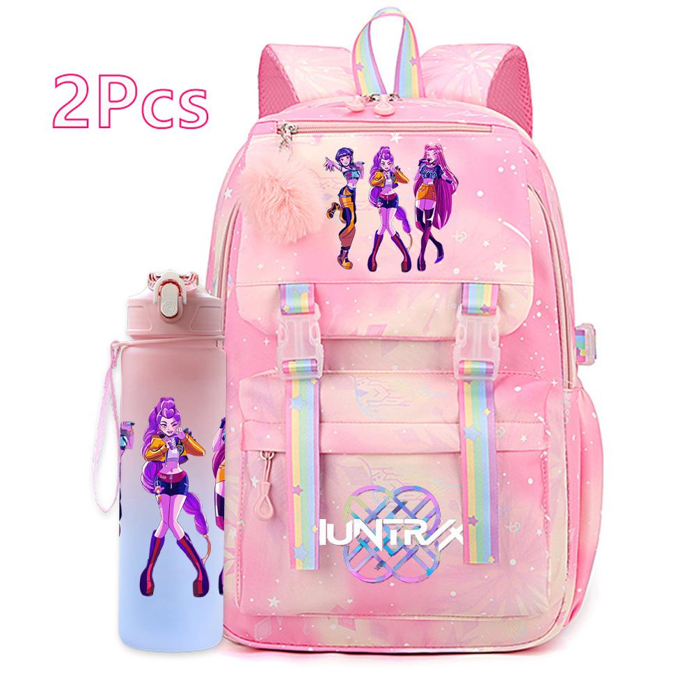 2Pcs/set New Anime Kpop Printed Backpack with 750Ml Water Bottler Large Capacity Travel Bag for Teenager Girl Boy Bookbag Kid Gift Large Capacity Bag