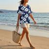 Women's Floral Print Short Sleeve Shirt Henley Button Neck Chest Pocket Casual Linen Cotton Blended Top for Summer