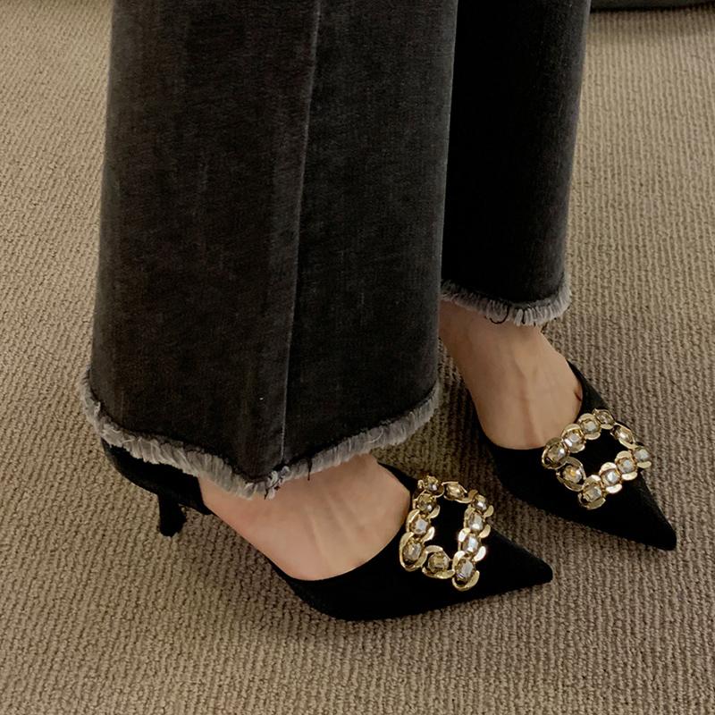 Fashion Slip-on Slim Heel Single Shoes Women's Fashion Pointed Toe Shallow Slip Rhinestone Square Buckle Hollow Heels