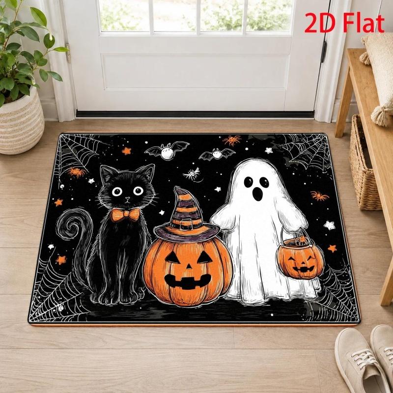Witch Hat Frog Pumpkin Floral Halloween Household Doormat, Vintage Spooky‑plant Printed Floor Rug, Decorative Entry Mat