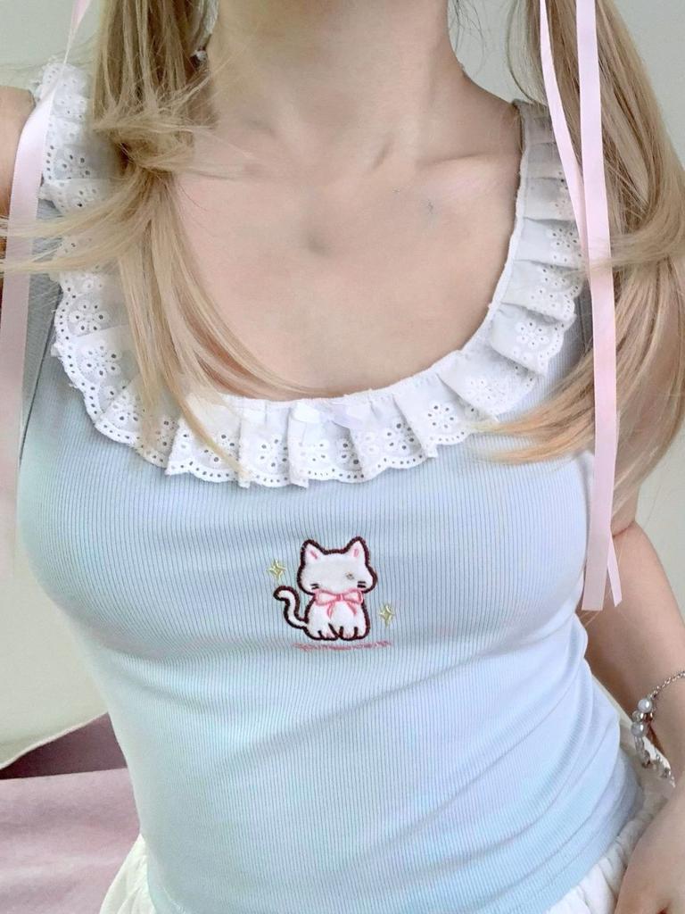 Kawaii Cat Embroidery Tank Tops Women Coquette Aesthetic Cute Crop Tops Harajuku Y2k Sweet Girl White Halter Top Summer