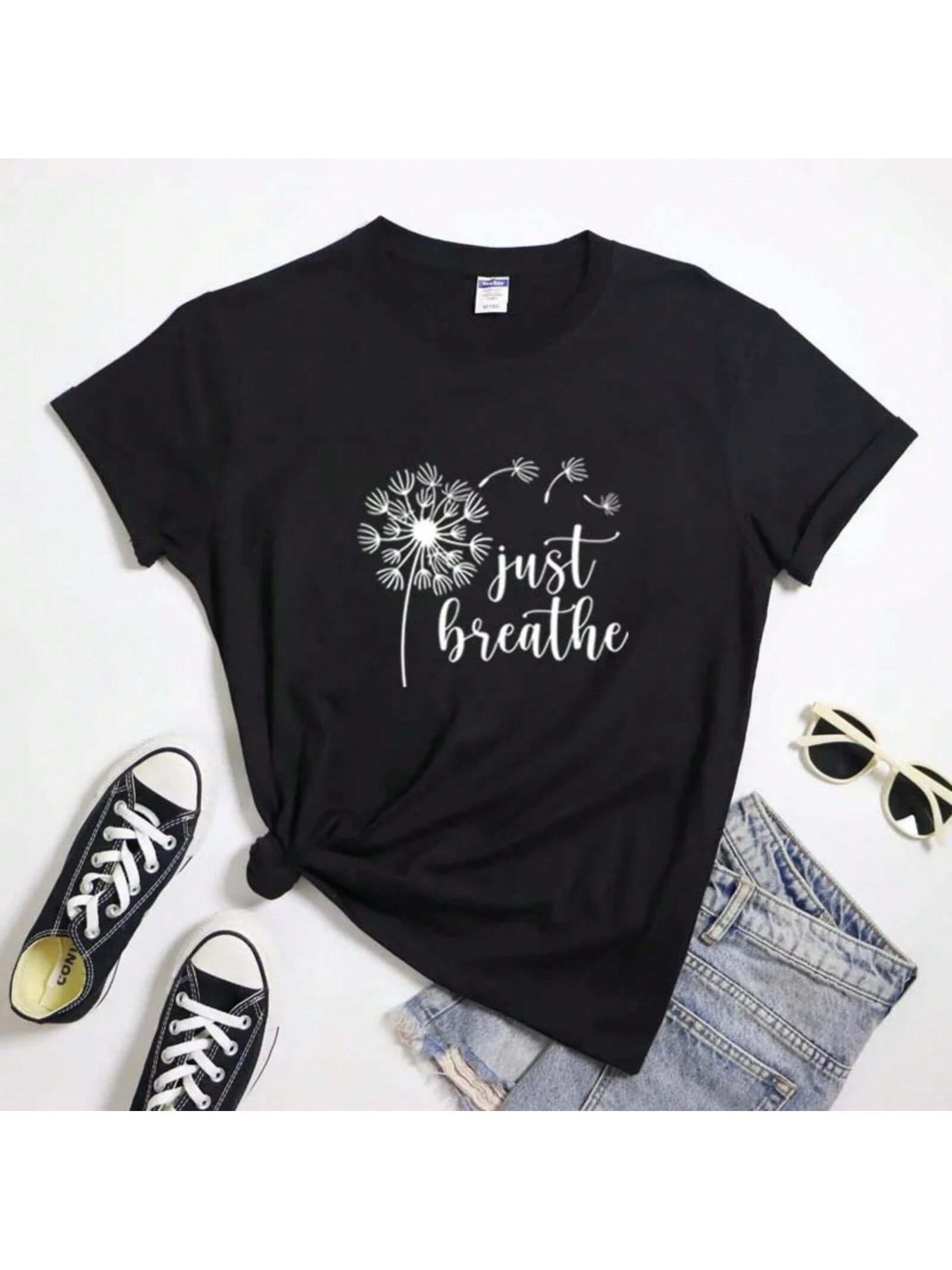 Just Breathe Blowing Dandelion T-Shirt Aesthetic Wounisex Meditation Relaxing Top Tee Shirt Vintage Positive Affirmation Tshirt S разноцветный