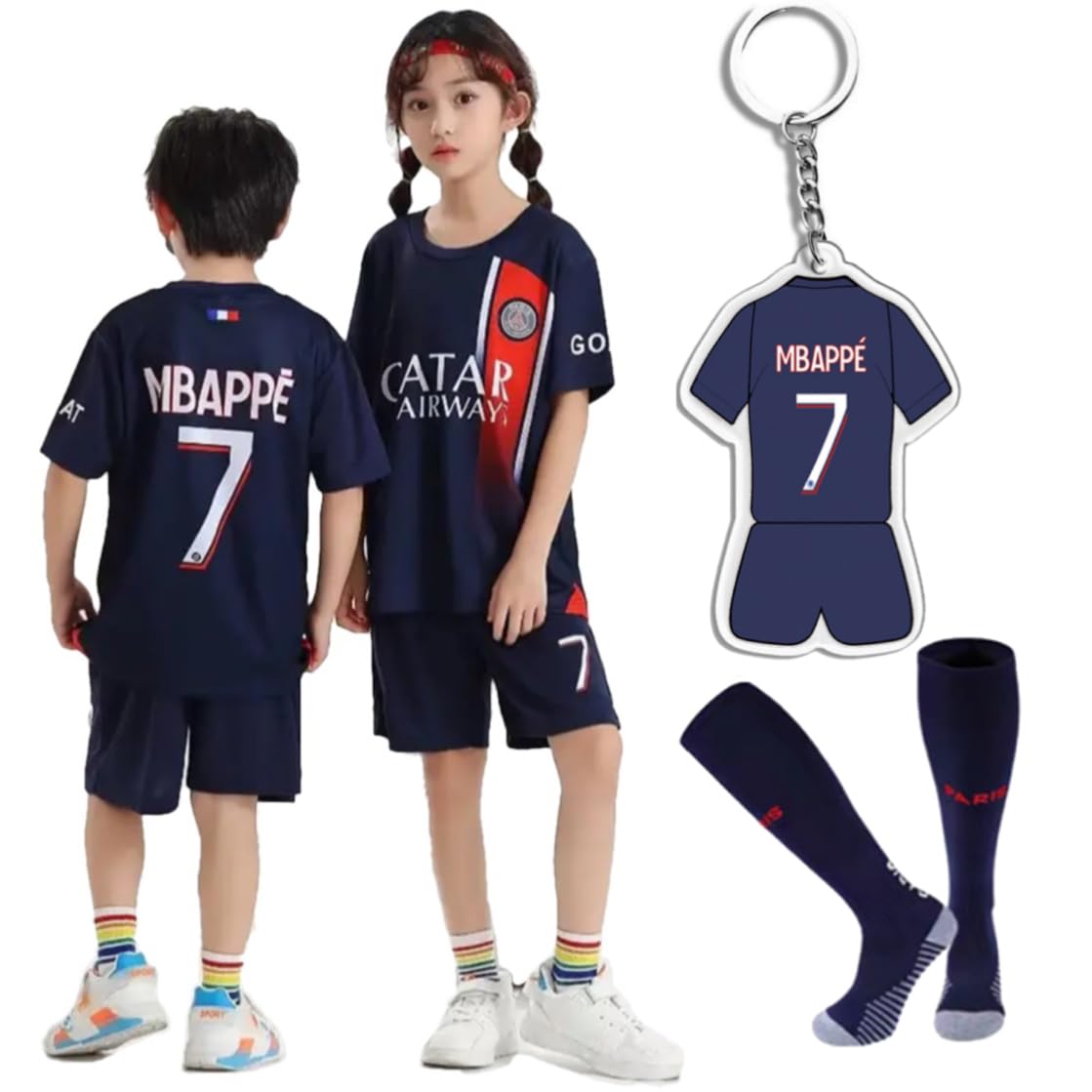 

PSG Mbappe Kids Replica Uniform Paris Saint Germa Home, верхние и нижние носки, комплект из 3 предметов с бонусом в виде брелока (150) [Элемент]