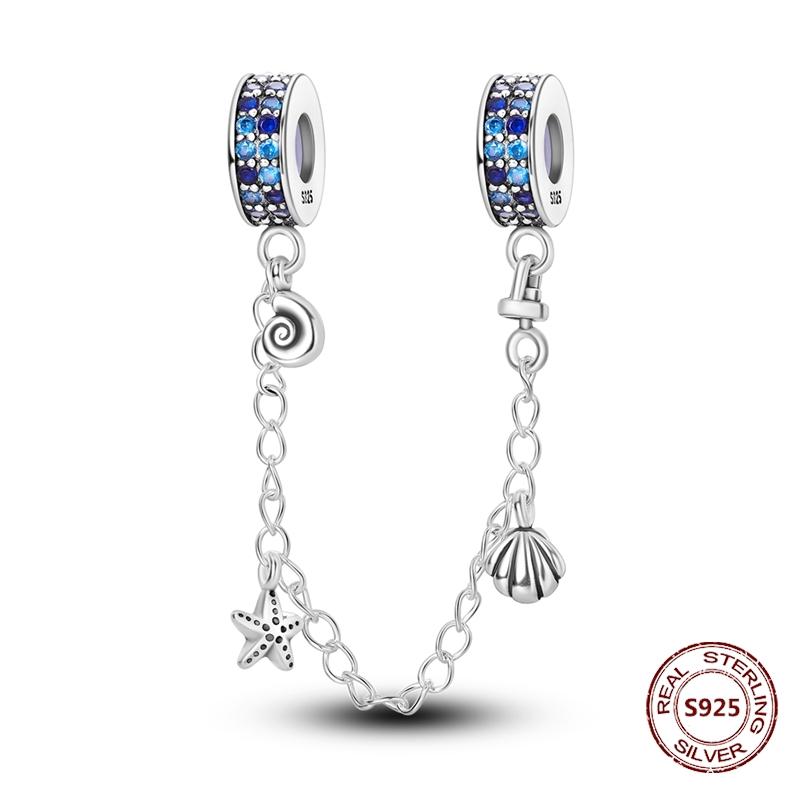 925 Silver Star Moon Bracelet Ocean Safety Chain with Colored Zircon Beads DIY Fine Jewelry for Women