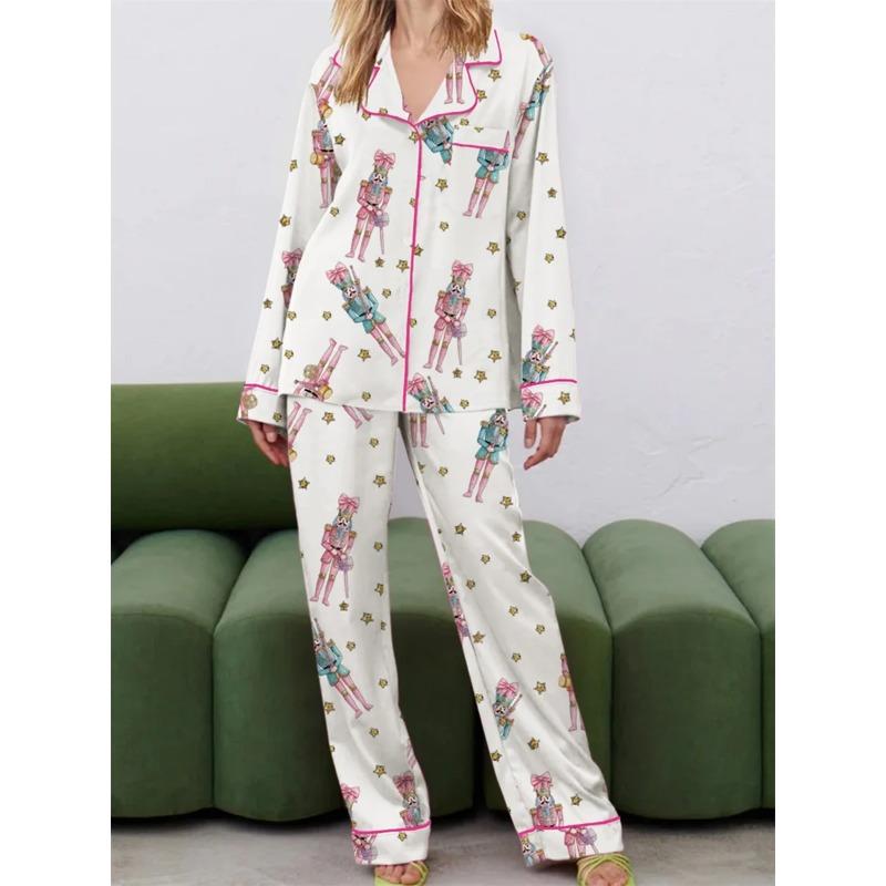Women Christmas Pajama Set Cute Nutcracker Print Long Sleeve Button Down Shirt Pants Satin Silk  2 Piece Jammies