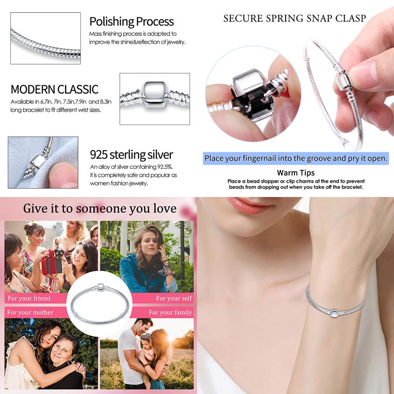 Nuevo en Plata de Ley 925 Original Pulsera de Cadena de Serpiente Se Adapta a Cuentas de Charms Originales de 3 mm Para Mujeres Pulseras de Corazón Joyería Regalos