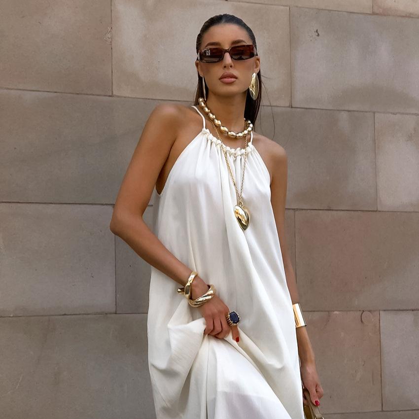 Summer French vacation loose white neck dress women's niche A-shaped skirt long dress women's clothing