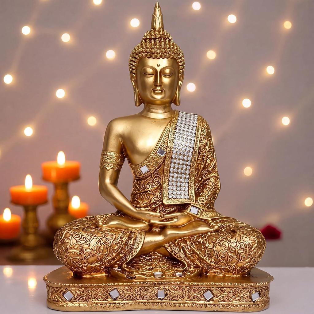 New 25 Centimetre Meditating Sitting Buddha Statue showpiece Idol Home Decor Items for Living Room and Gifts (Golden2)