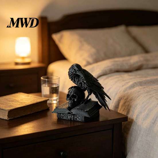 Statua Teschio di Corvo Ornamento Fantasy Nero Opaco, Statuetta Corvo Gotico Stampata in 3D per Scrivania Decorazione Stile Dark Academia Scaffale, Spaventoso Halloween
