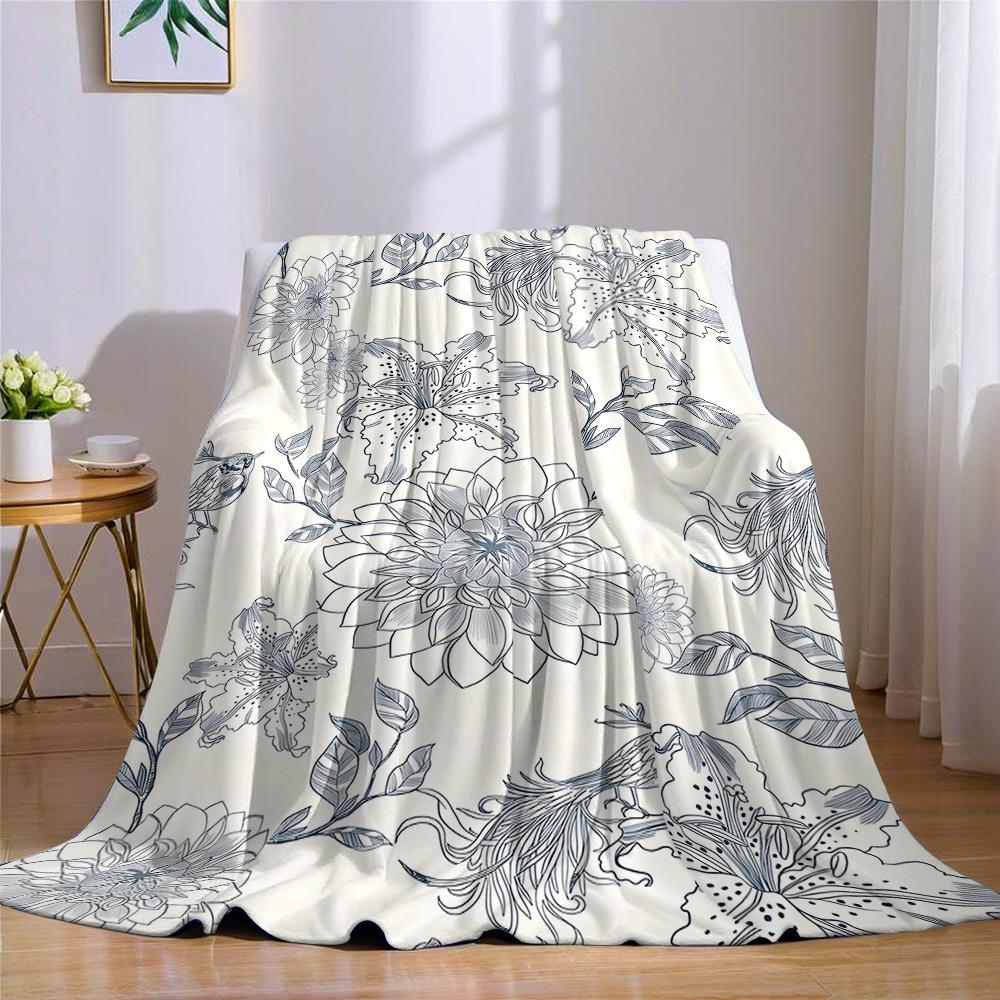 Floral & Bird Pattern Flannel Blanket Warm Soft Halloween Christmas Couch Warm Cozy Decorative Decor Gift for All Season