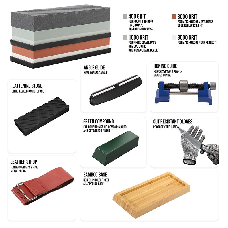 3000/8000 Professional Knife Sharpening Set, Sharpener Stones High Quality With Non-Slip Bamboo Base,Kitchen Tools Whetstone Kit,400/1000