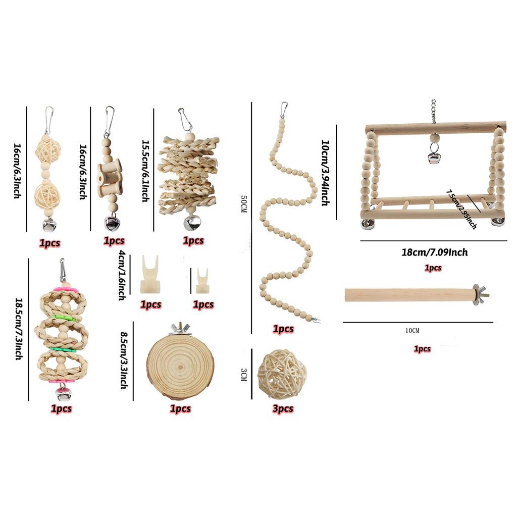 13 kusů hraček pro ptáky 13 kusů hraček z masivního dřeva pro papoušky Hračky z přírodního dřeva houpačky a bidýlka pro klec pro ptáky Hračky na kousání a lezení pro klec pro ptáky