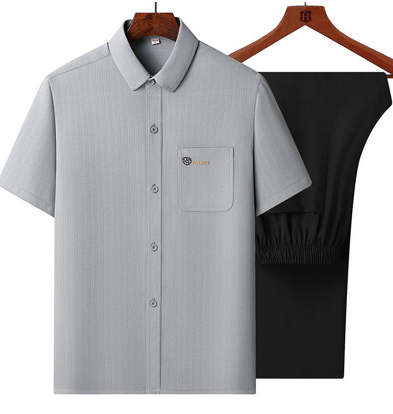 Men's Ice Silk Summer Short-Sleeve Shirt Set for Middle-Aged and Elderly