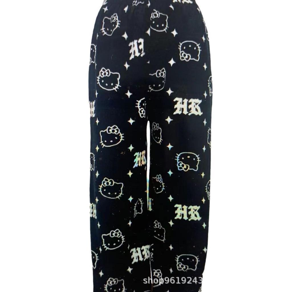 Exclusive Hello Kitty Halloween Flannel Sleep Pants: Thick, Plush, Casual Loungewear for Women - Perfect for Autumn and Winter.