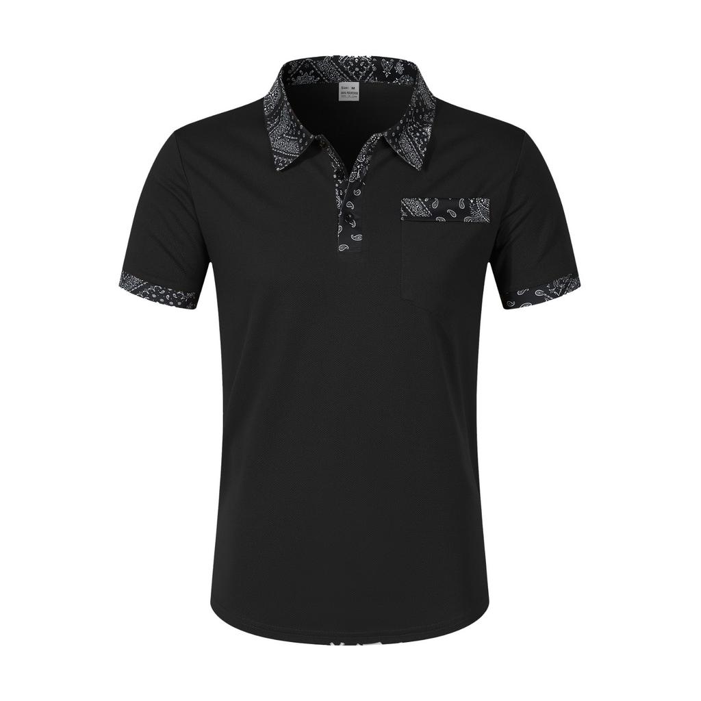 Men's Fashion Collar Print  Loose Polo Shirts Short Sleeve Turn-down  Solid Color Simple T-shirt Top