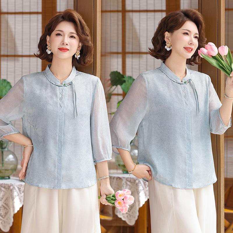 Stylish Chiffon Mid-Sleeve Top for Middle-Aged Women - Lightweight Summer Wear