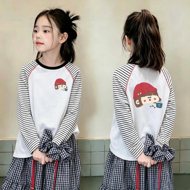 Girls' Trendy Color Block Striped Long Sleeve Cotton T-Shirt for Spring and Autumn