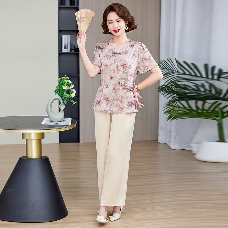 

Шифоновый комплект-пуловер из двух частей с принтом в китайском стиле для полных женщин среднего возраста - Летняя рубашка с коротким рукавом XL (for 48-55 kg) фиолетовый/розовый