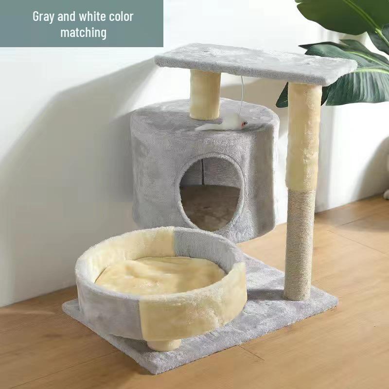 

Компактный кошачий игровой комплекс: Интегрированный кошачий домик с сизалевыми столбиками, полкой и игрушками для маленьких и средних кошек. 50x33x53cm