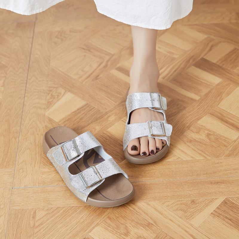 Leather Boken one-word slippers summer new outer wear beach shoes versatile belt buckle cool slippers