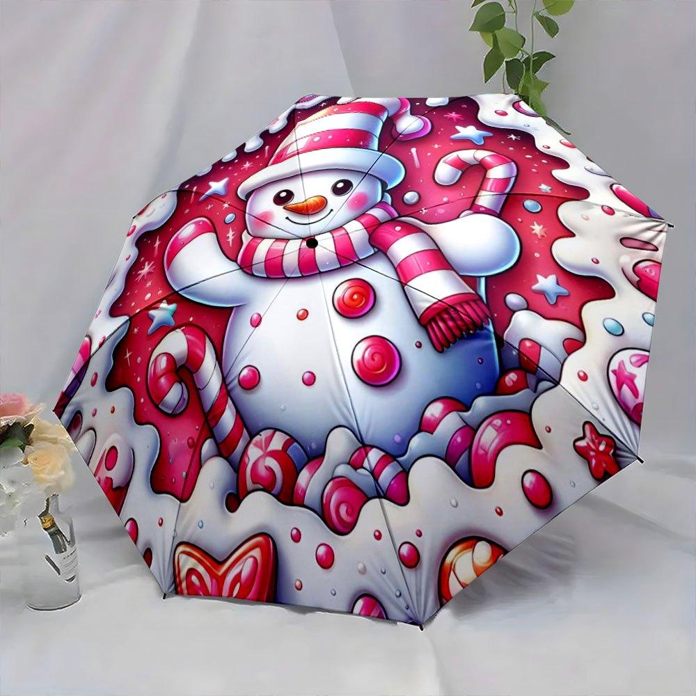 

Automatic Open/Close Folding Umbrella with Festive Snowman & Candy Cane Design - 8-Rib Portable Compact Umbrella for Christmas (as the picture,Iron&8K)
