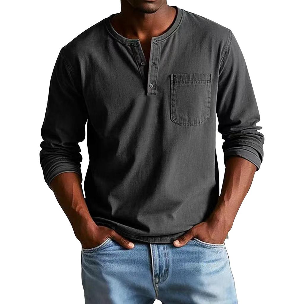 Men's Solid Color Distressed Button Collar Long Sleeve Tops Men's Casual Fashion Tops