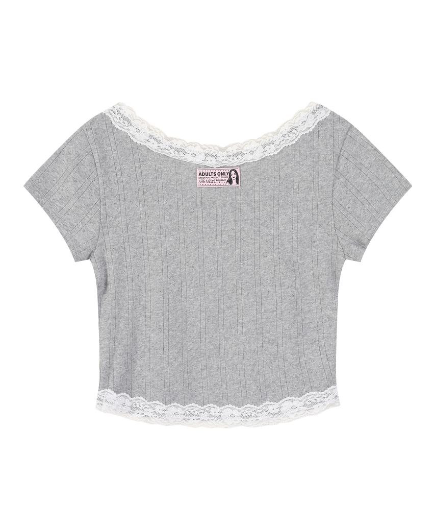 LALAFOX Lace Trim Eyelet Slim T-Shirt Gray Bs2Ch017
