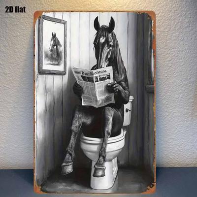 Funny Horse Reading Newspaper On Toilet Tin Sign Vintage Retro Wall Art with Black White Cartoon